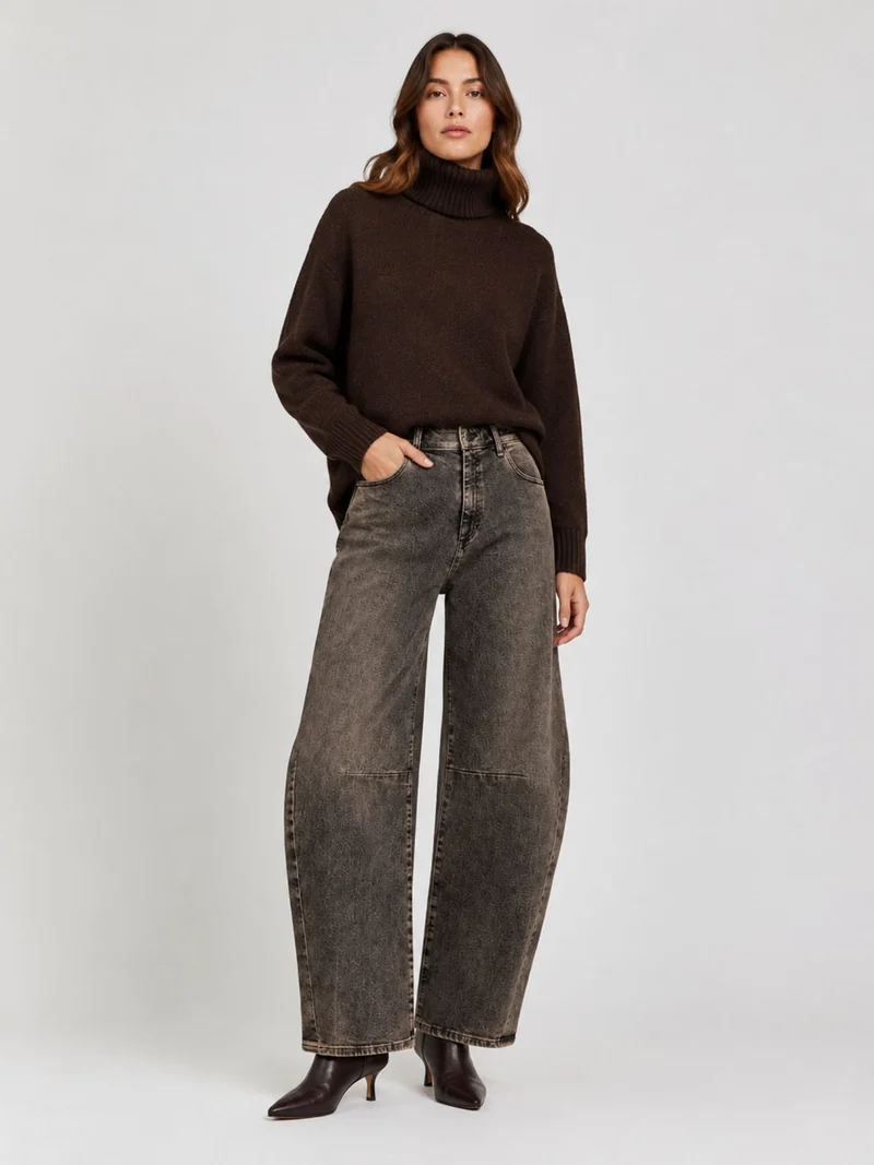 MAC - DAKOTA with Cuts, High Waist, Barrel Jeans, Brown Crincle
