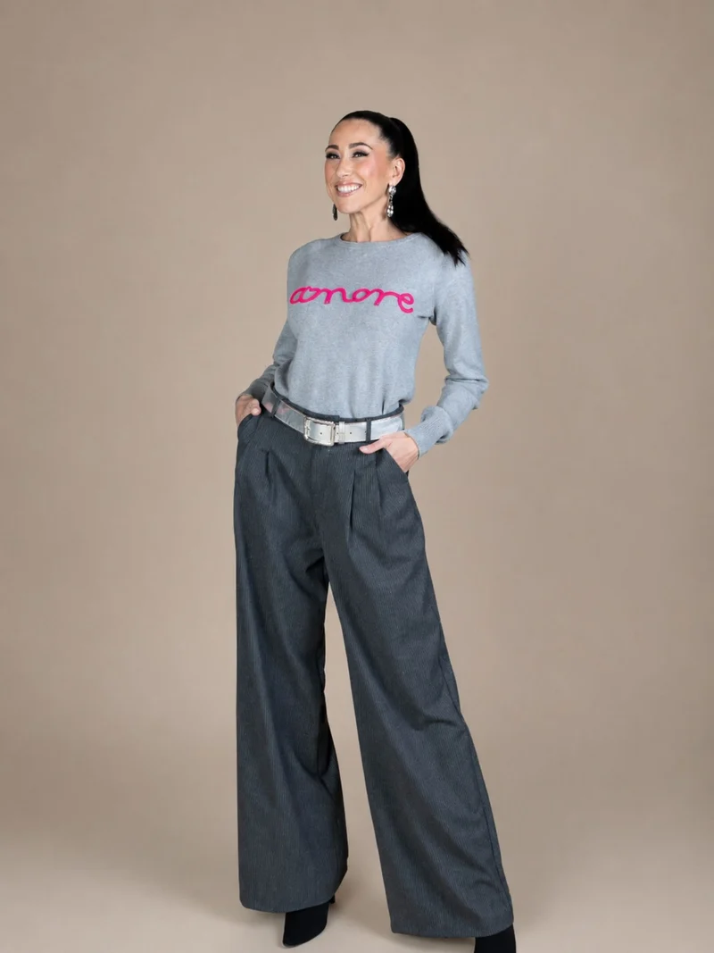 Only M - Wide Leg, Businesshose im Dandy-Style, Grey with Stripes