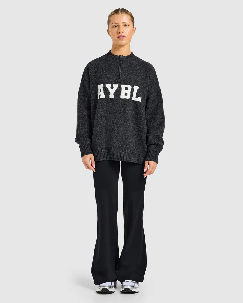 Varsity Oversized Knitted 1/4 Zip Pullover - Charcoal