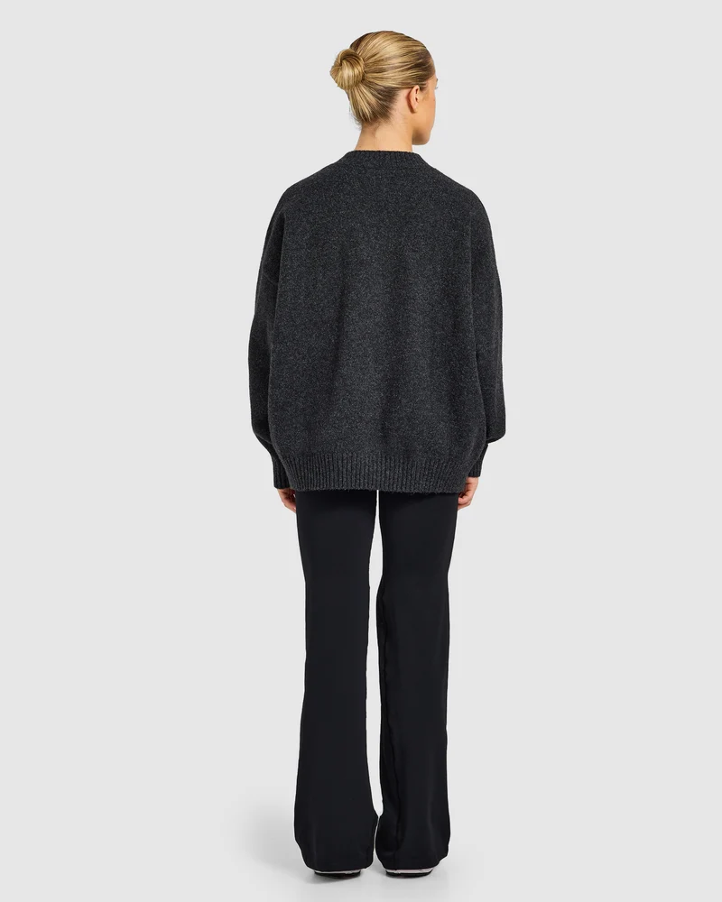 Varsity Oversized Knitted 1/4 Zip Pullover - Charcoal