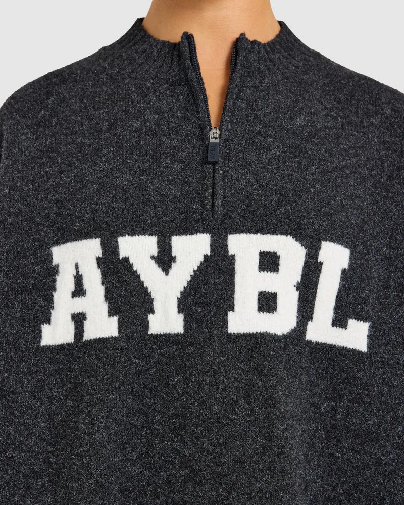 Varsity Oversized Knitted 1/4 Zip Pullover - Charcoal