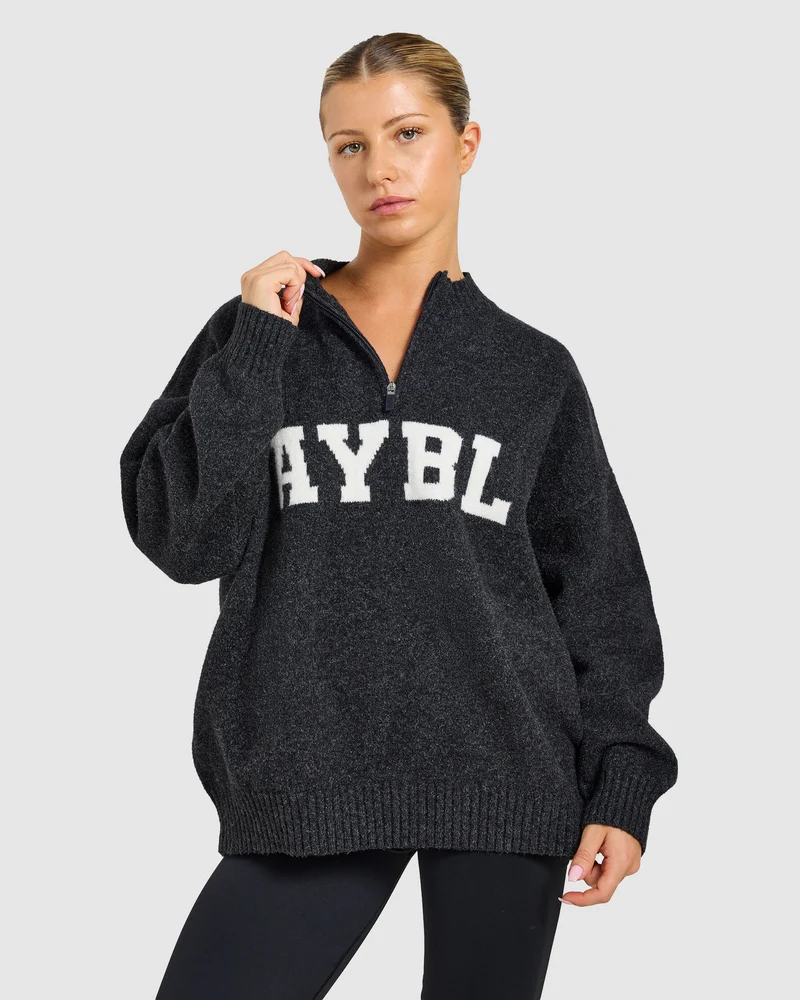 Varsity Oversized Knitted 1/4 Zip Pullover - Charcoal