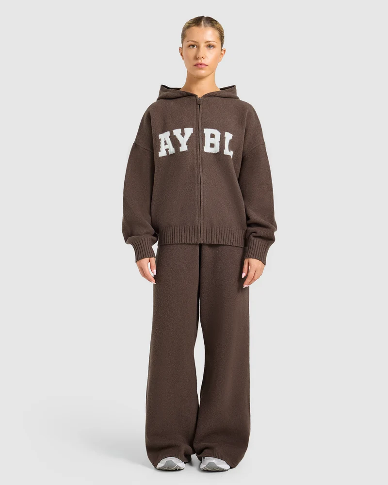 Varsity Oversized Knitted Zip Up Hoodie - Marron