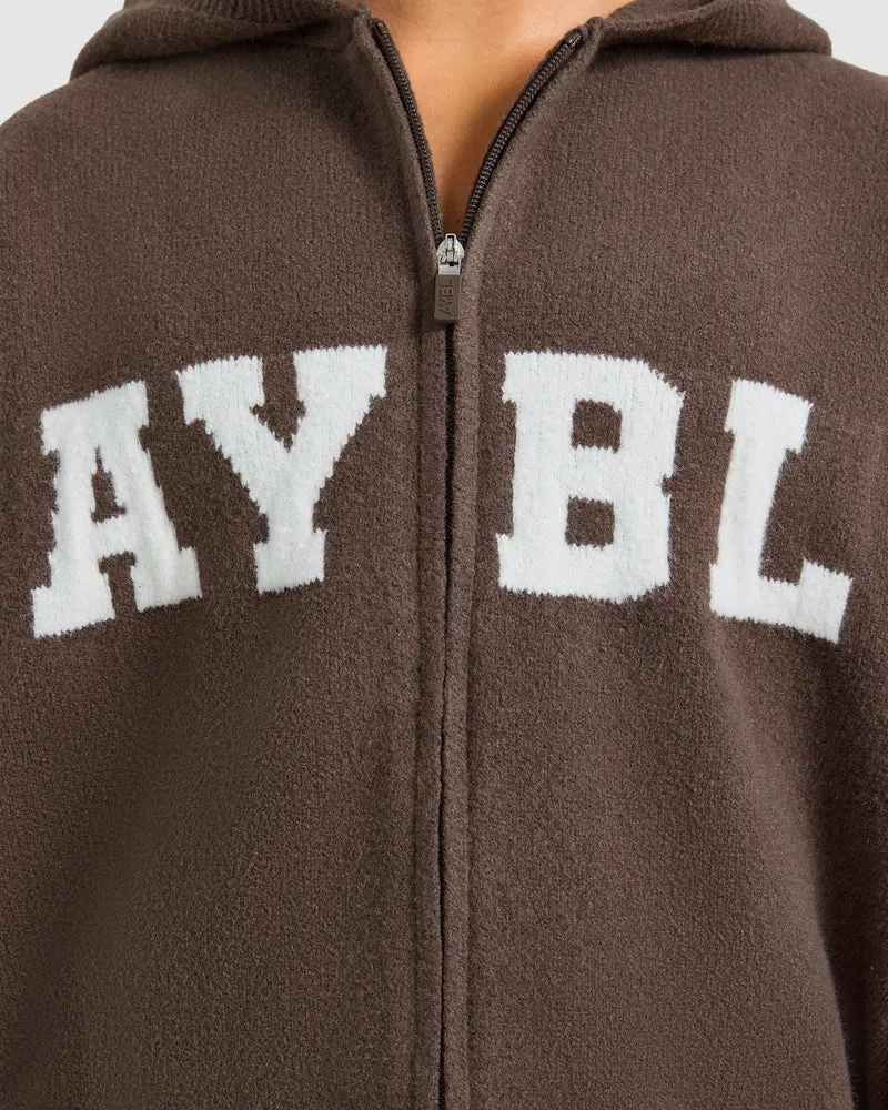 Varsity Oversized Knitted Zip Up Hoodie - Marron