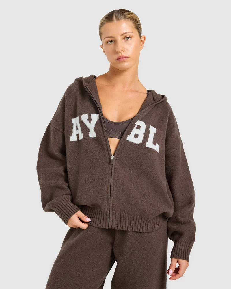 Varsity Oversized Knitted Zip Up Hoodie - Marron