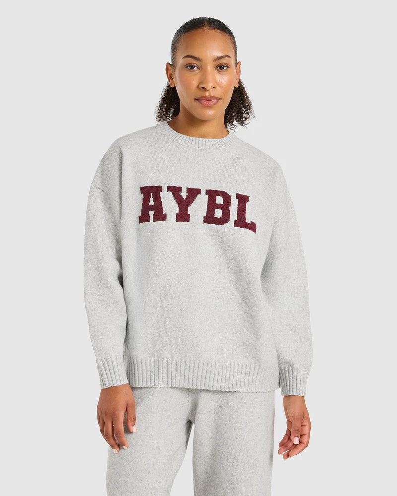 Varsity Oversized Knitted Sweater - Gris Marl/Burgundy