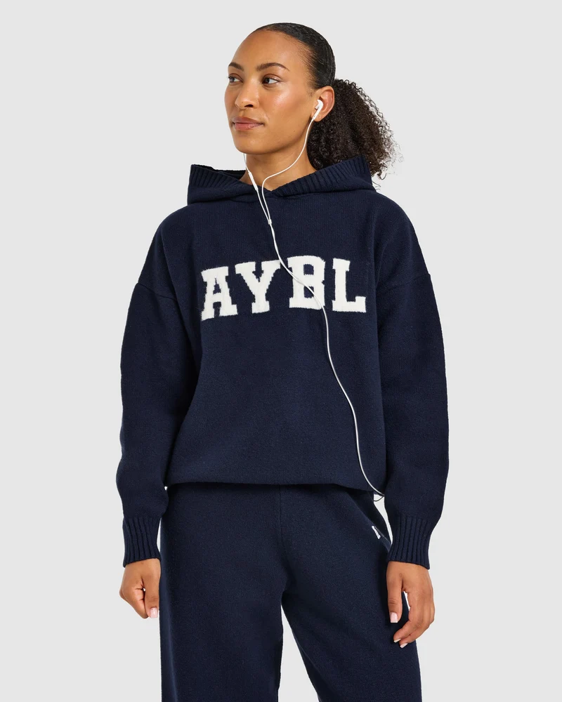 Varsity Oversized Knitted Hoodie - Navy