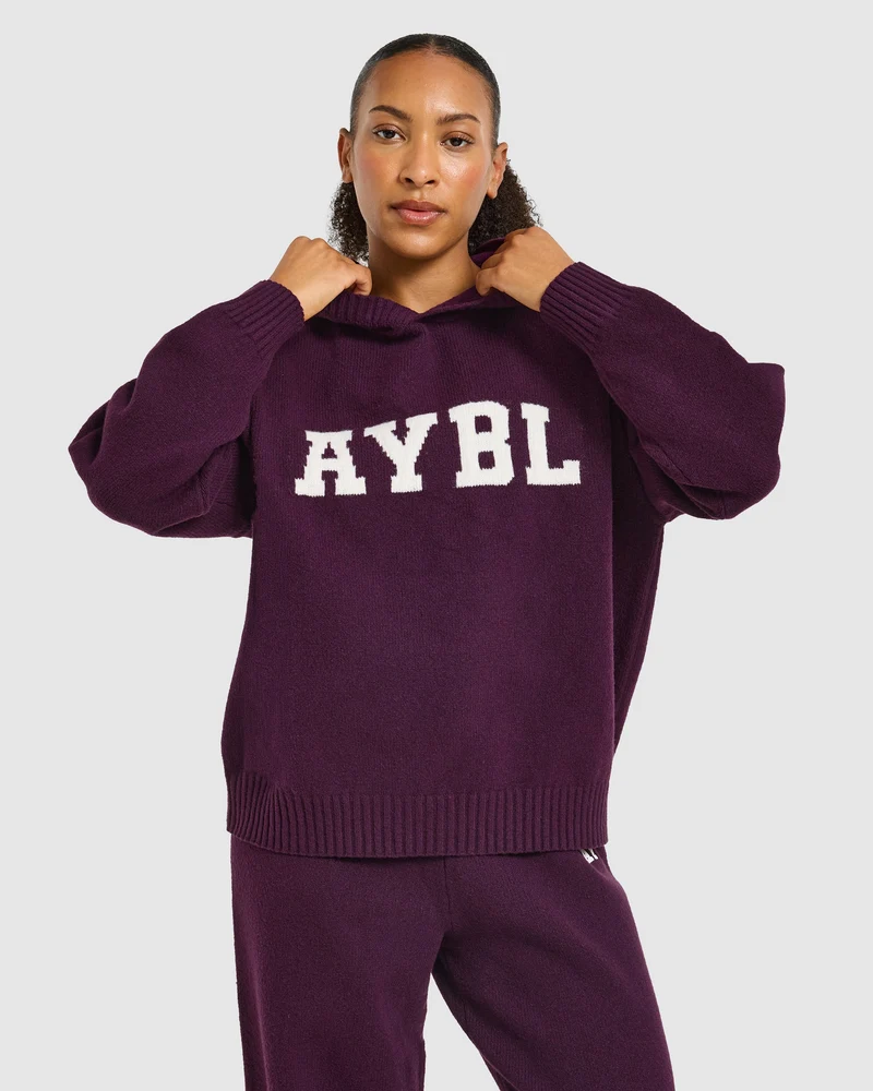 Varsity Oversized Knitted Hoodie - Plum