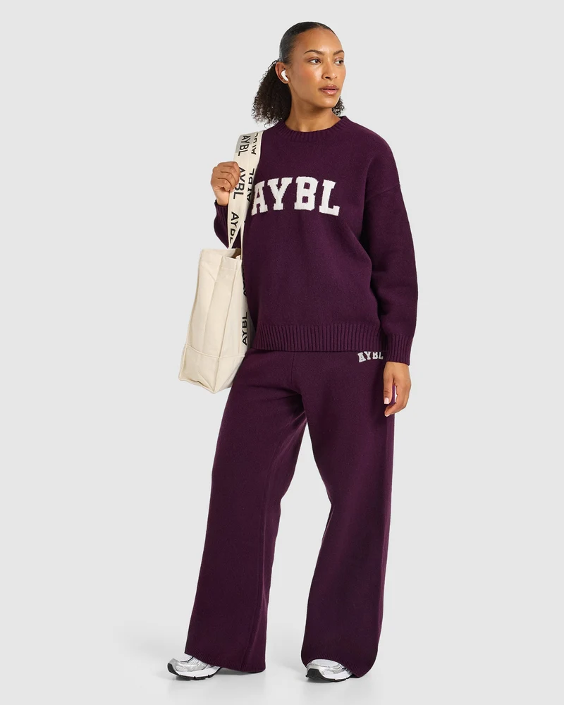 Varsity Oversized Knitted Joggers - Plum