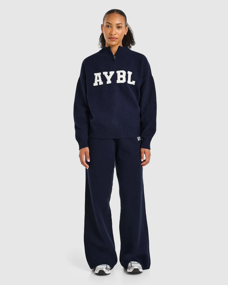 Varsity Oversized Knitted 1/4 Zip Pullover - Navy