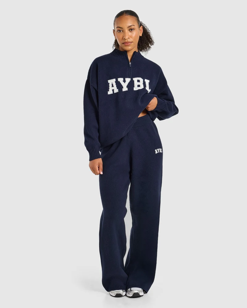 Varsity Oversized Knitted 1/4 Zip Pullover - Navy