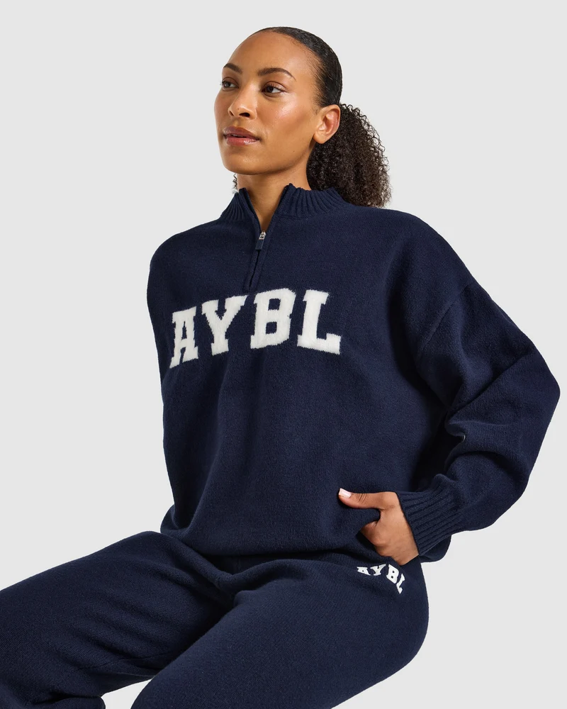 Varsity Oversized Knitted 1/4 Zip Pullover - Navy