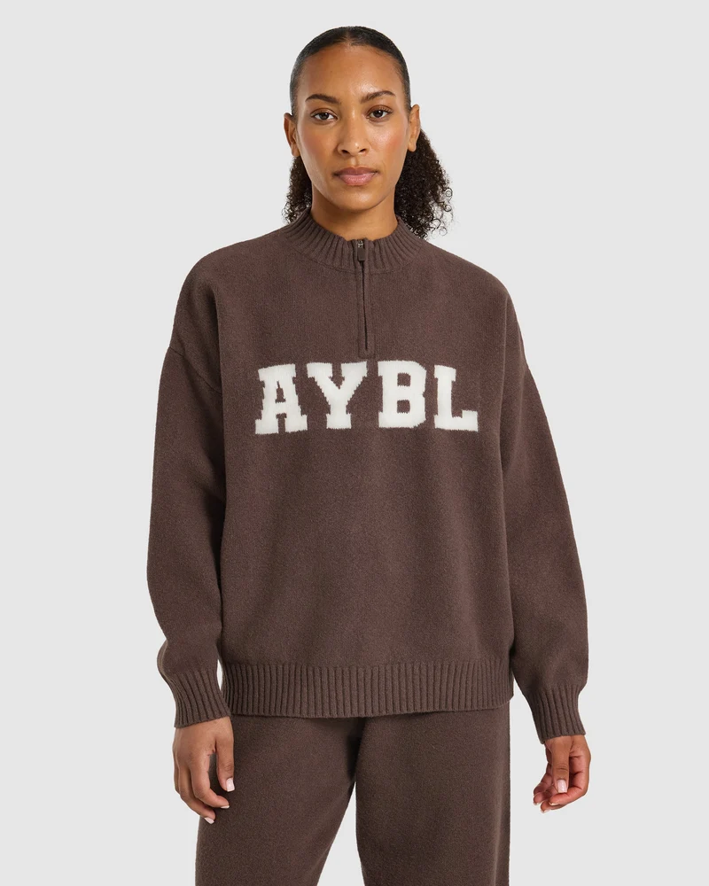 Varsity Oversized Knitted 1/4 Zip Pullover - Marron