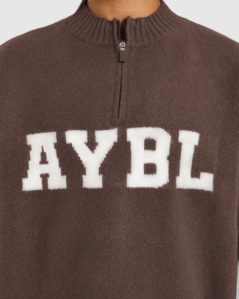Varsity Oversized Knitted 1/4 Zip Pullover - Marron