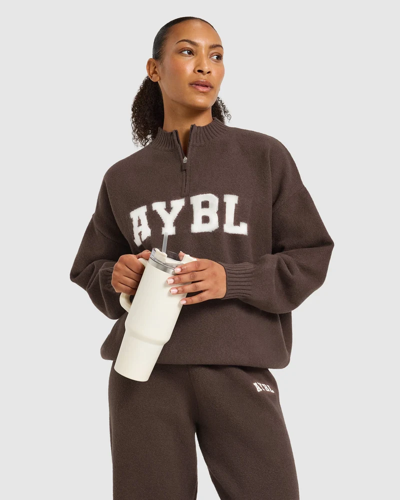 Varsity Oversized Knitted 1/4 Zip Pullover - Marron
