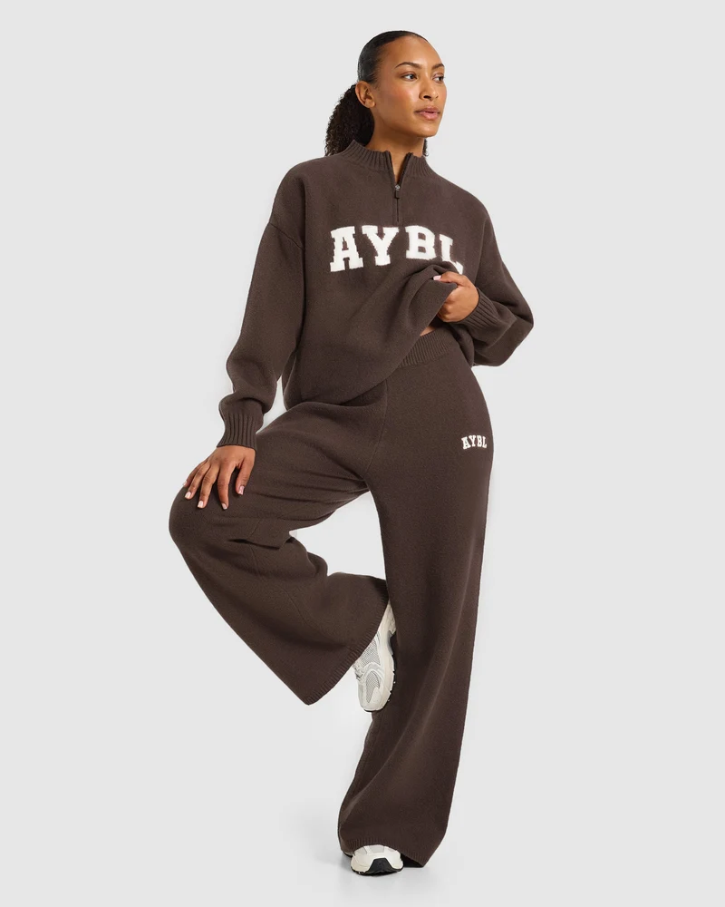Varsity Oversized Knitted 1/4 Zip Pullover - Marron