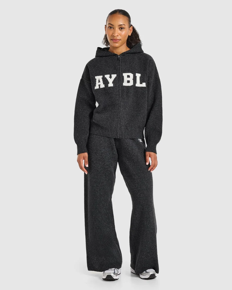 Varsity Oversized Knitted Zip Up Hoodie - Charcoal