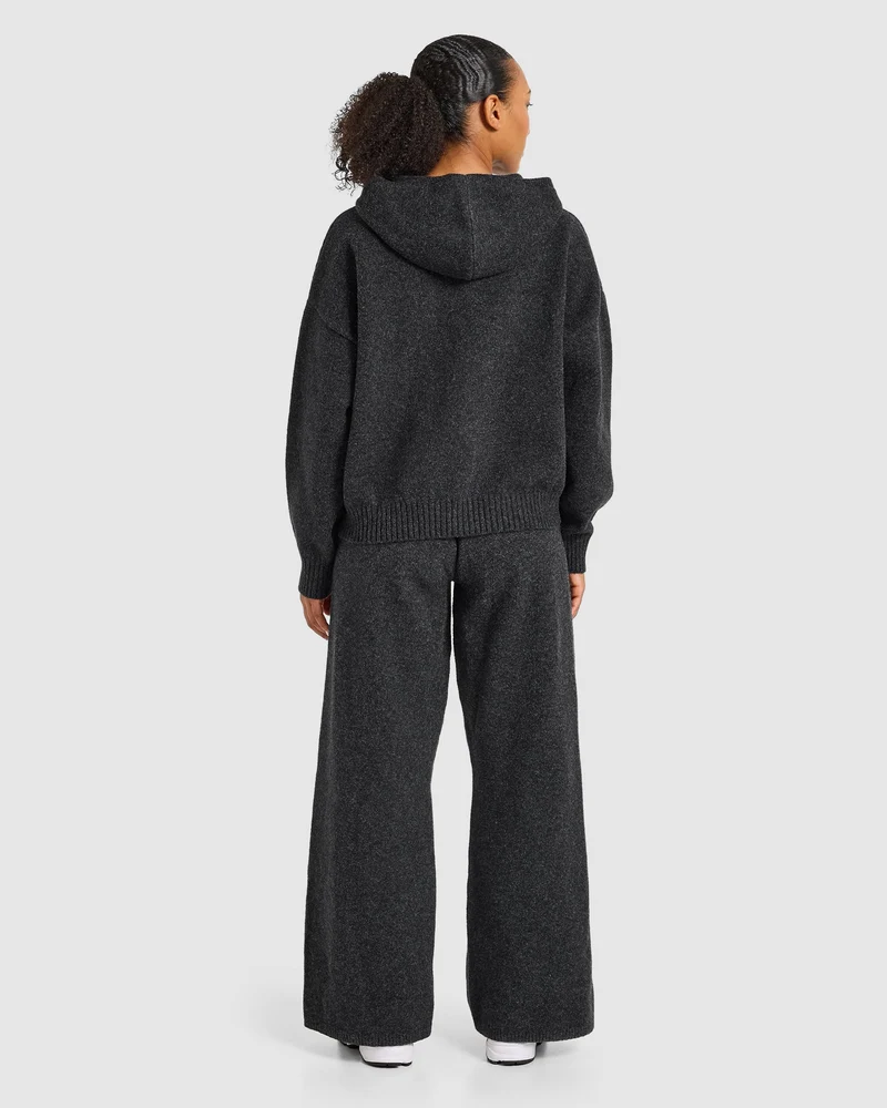 Varsity Oversized Knitted Zip Up Hoodie - Charcoal