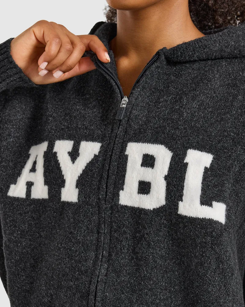 Varsity Oversized Knitted Zip Up Hoodie - Charcoal