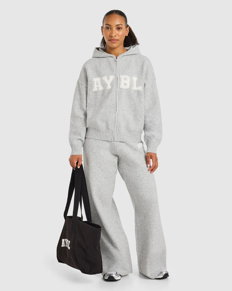 Varsity Oversized Knitted Zip Up Hoodie - Gris Marl