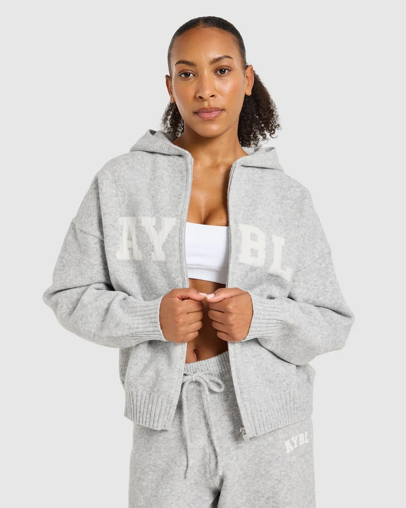 Varsity Oversized Knitted Zip Up Hoodie - Gris Marl