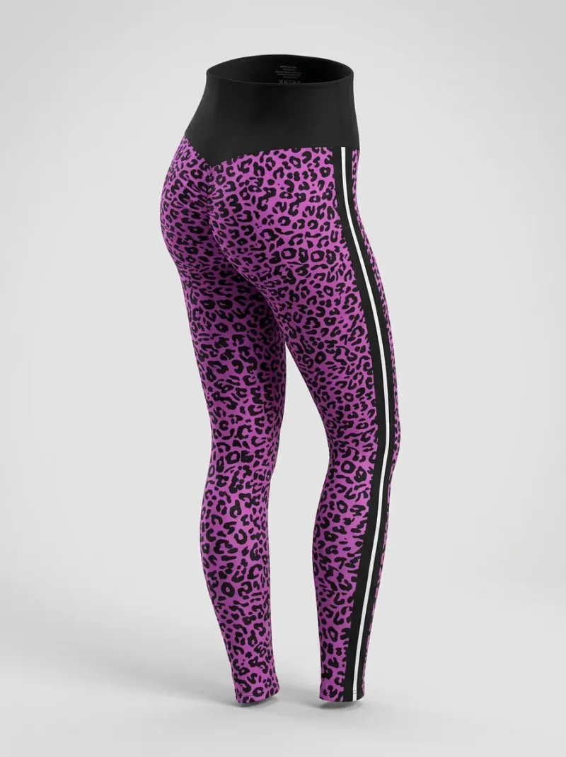 Legging leopard polyester élasthanne fitness taille haute bandes femme