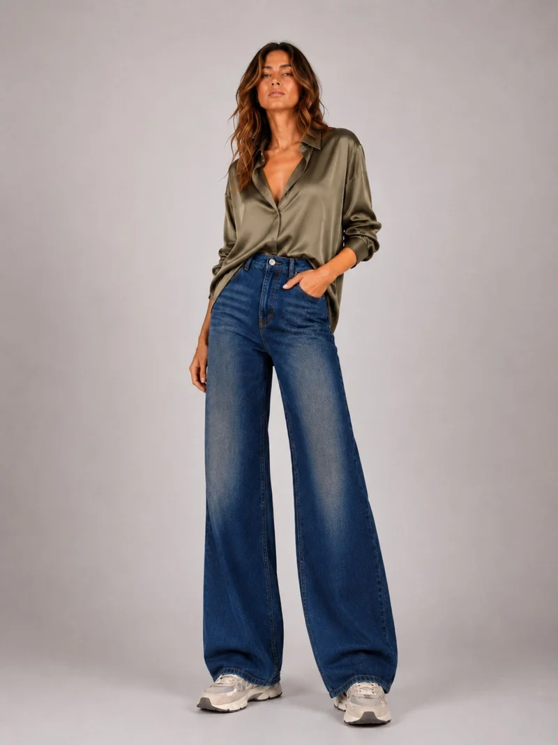 BOGILVY - AVA Straight Wide Leg High Waist Mid Blue Wash