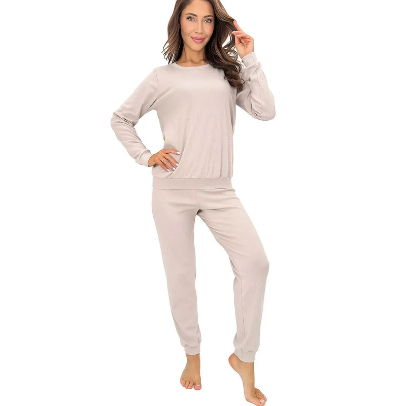 Pyjama femme coton élasthanne confortable beige rayures manches longues