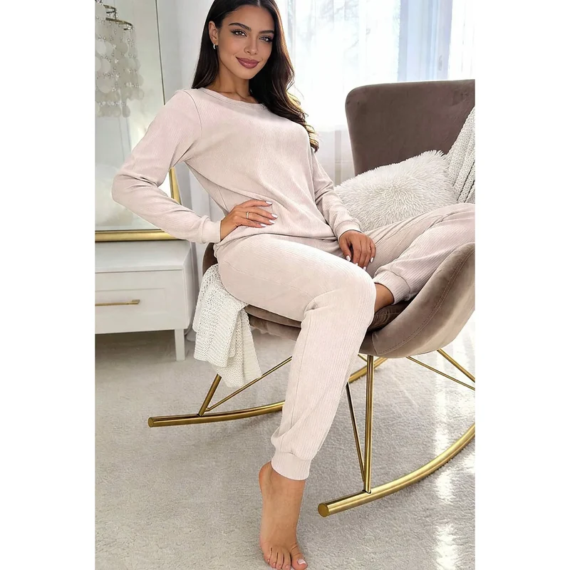 Pyjama femme coton élasthanne confortable beige rayures manches longues