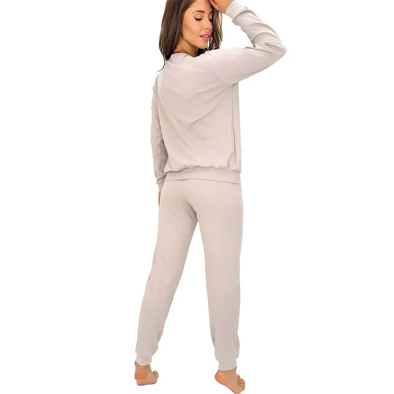 Pyjama femme coton élasthanne confortable beige rayures manches longues