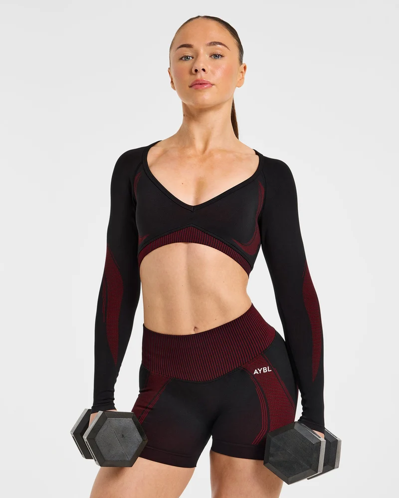 Charge Seamless Long Sleeve Crop Top - Noir/Rouge