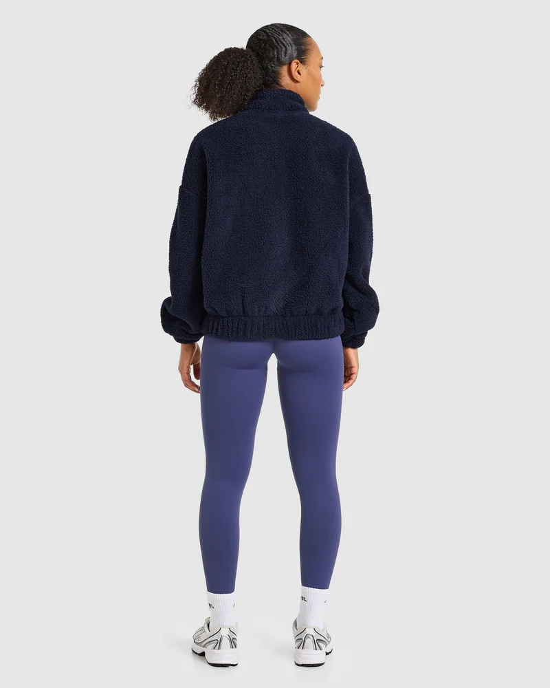 Varsity Oversized Fleece Zip Up Jacket - Navy