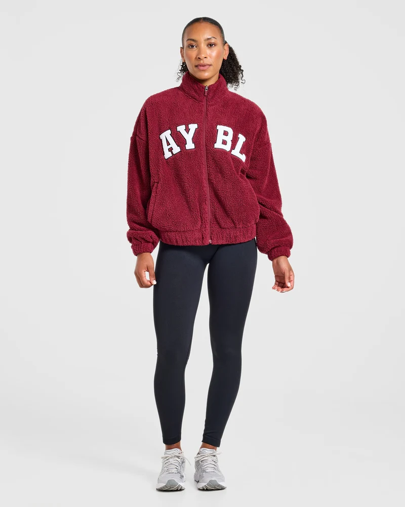 Varsity Oversized Fleece Zip Up Jacket - Mahogany Rouge