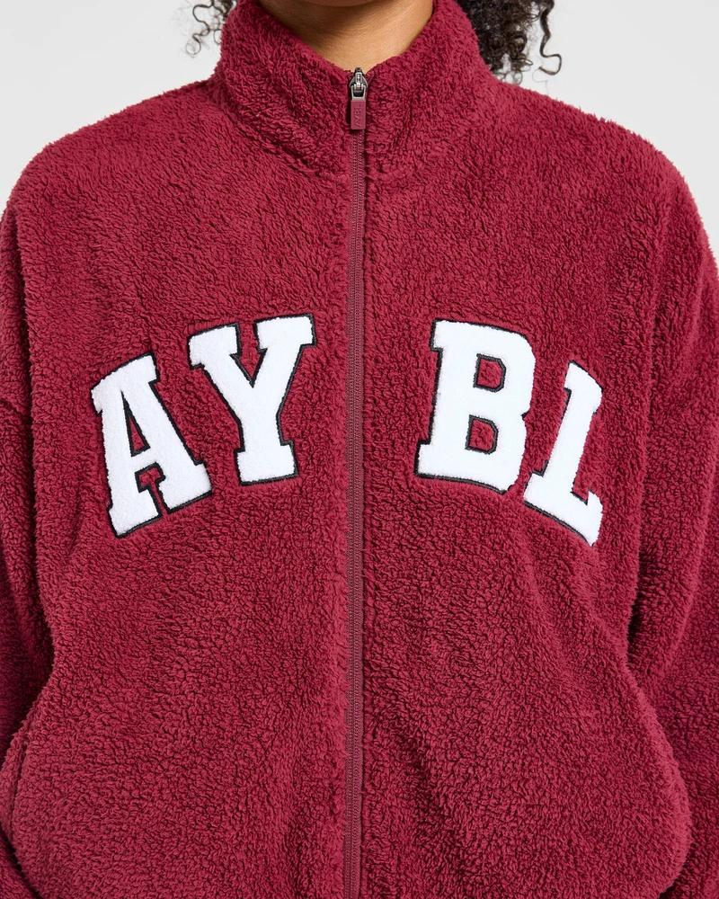 Varsity Oversized Fleece Zip Up Jacket - Mahogany Rouge