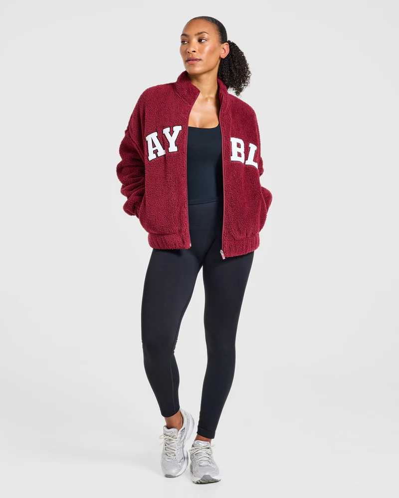 Varsity Oversized Fleece Zip Up Jacket - Mahogany Rouge