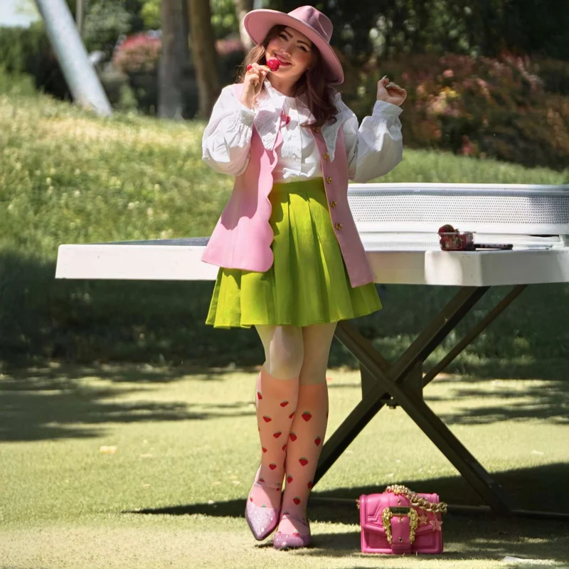 Strawberry Mock Sock Tights - Pink