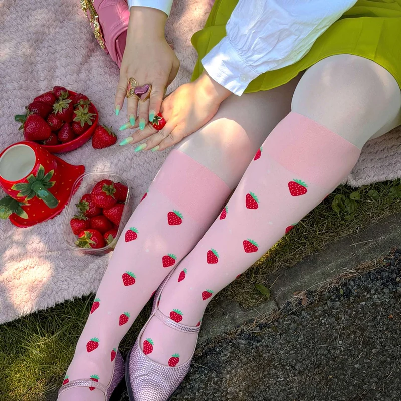 Strawberry Mock Sock Tights - Pink