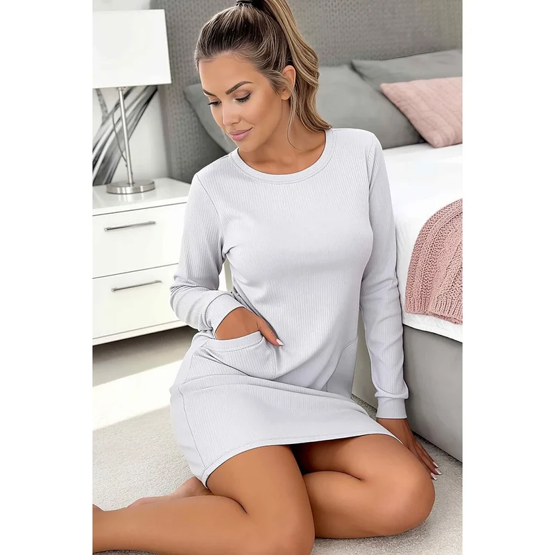 Chemise nuit coton gris femme confortable manches longues poches Donna 230842