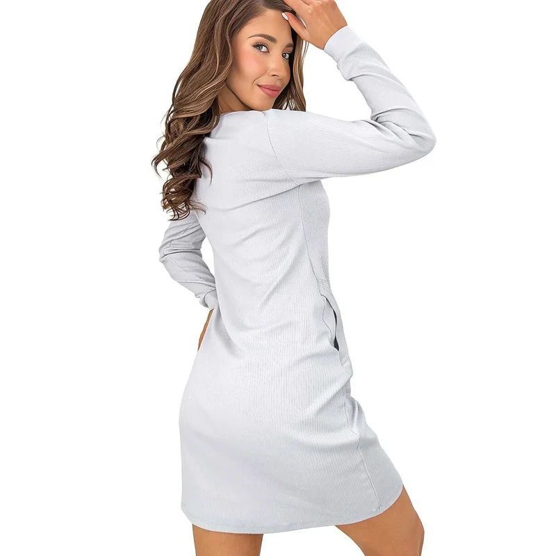 Chemise nuit coton gris femme confortable manches longues poches Donna 230842