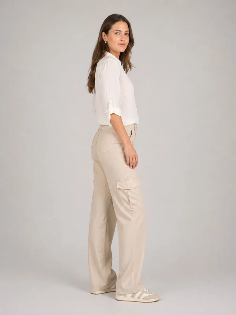 BOGILVY - JACKY, Damen Cargohose, Straight Fit, Super High Waist, Sand