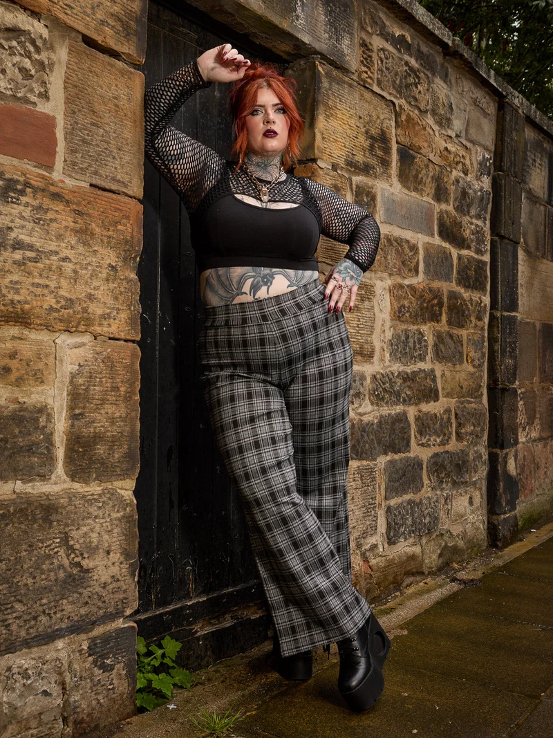 Plaid Wide-Leg Trousers - Black & Grey