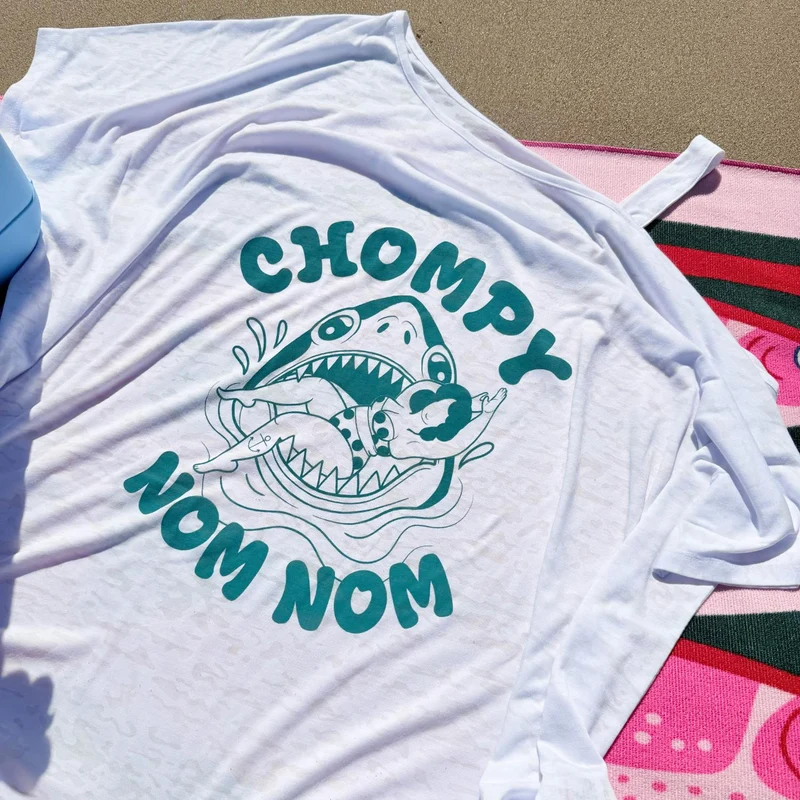 Debbie Off-Shoulder Tee - Chompy Shark Print