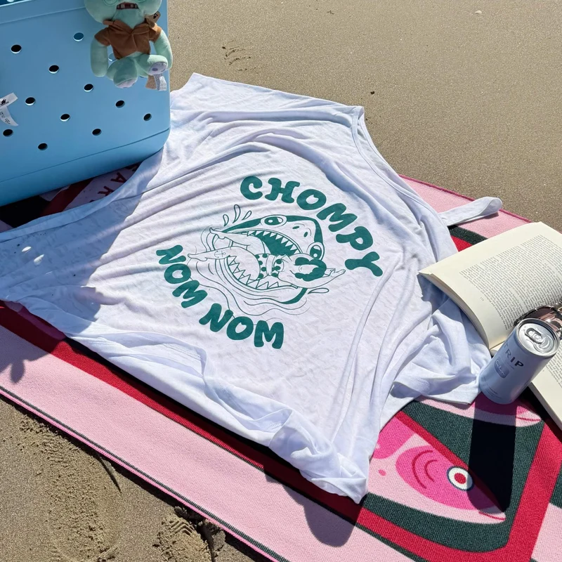Debbie Off-Shoulder Tee - Chompy Shark Print
