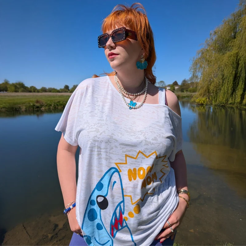 Debbie Off-Shoulder Tee - NOM-NOM Shark Print