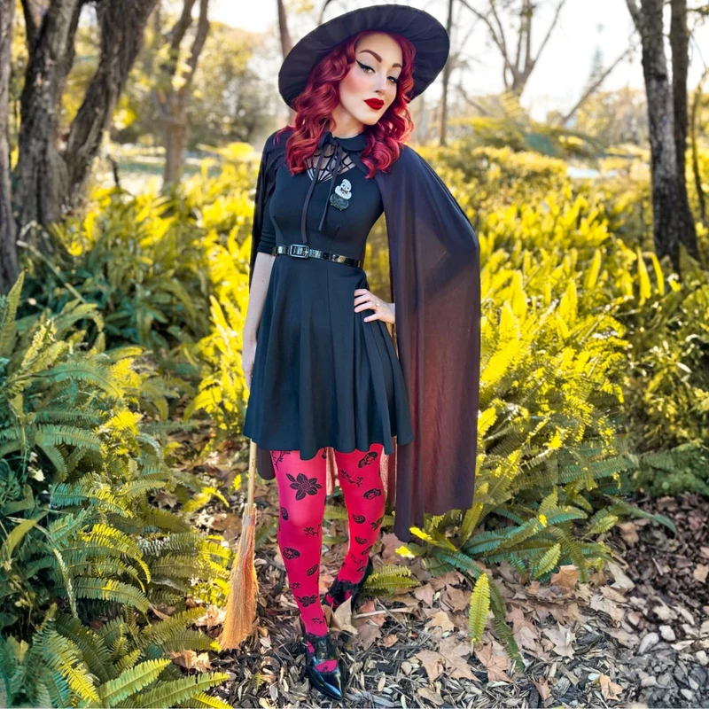 80 Denier Opaque Tights - Danu Skull Flower - Blood Red