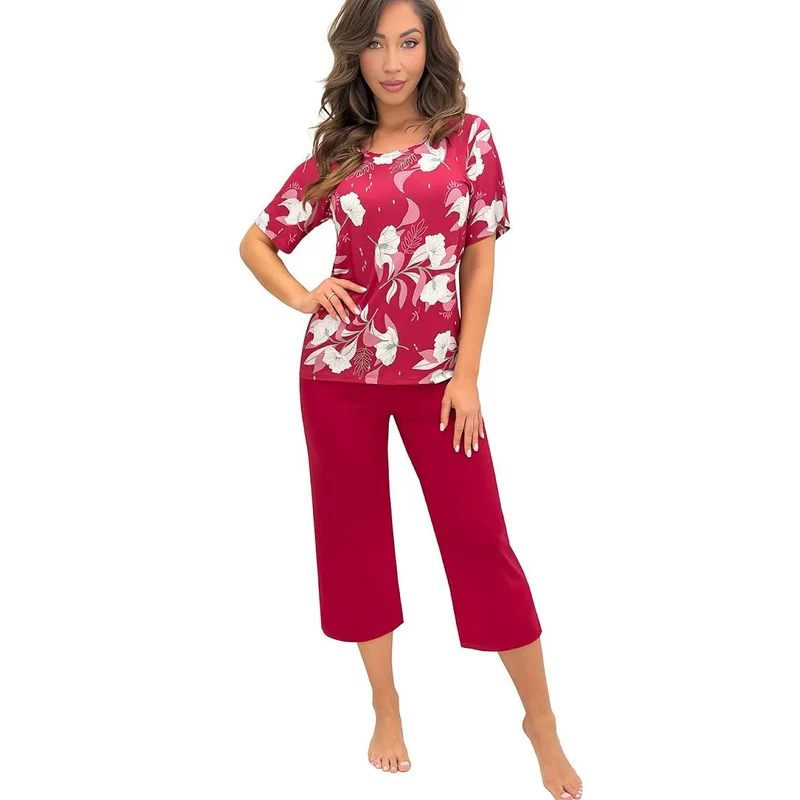 Pyjama femme confort floral manches courtes 3/4 bordeaux viscose élasthanne