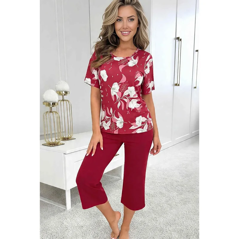 Pyjama femme confort floral manches courtes 3/4 bordeaux viscose élasthanne