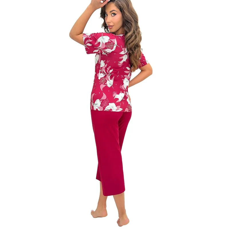 Pyjama femme confort floral manches courtes 3/4 bordeaux viscose élasthanne