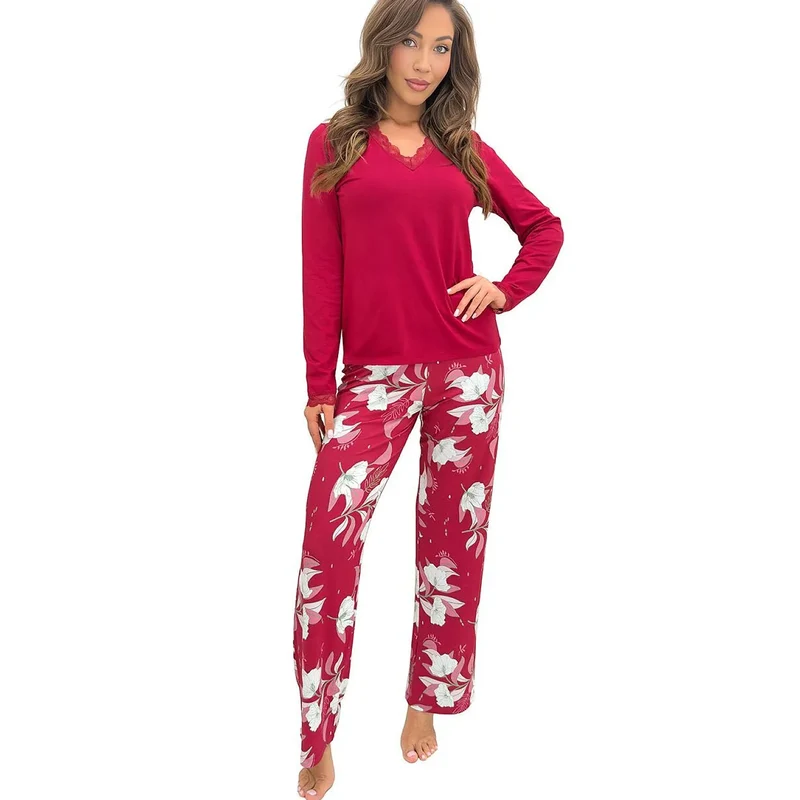 Pyjama femme élégant bordeaux dentelle floral confort viscose élasthanne