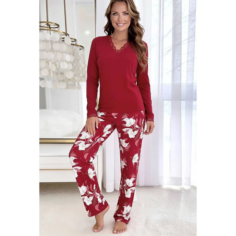 Pyjama femme élégant bordeaux dentelle floral confort viscose élasthanne